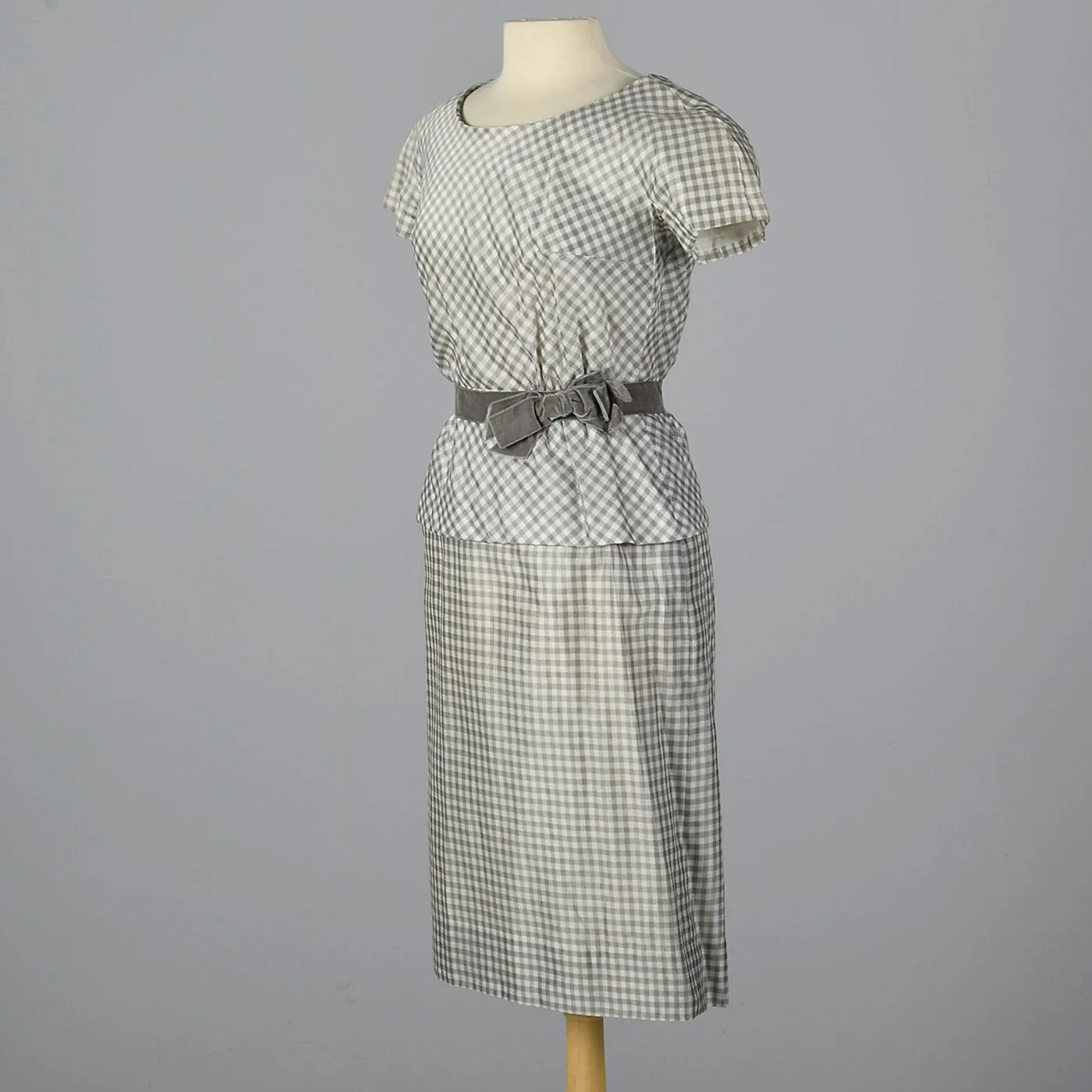 1950s Gray and White Gingham Dress with Velvet Waist Band