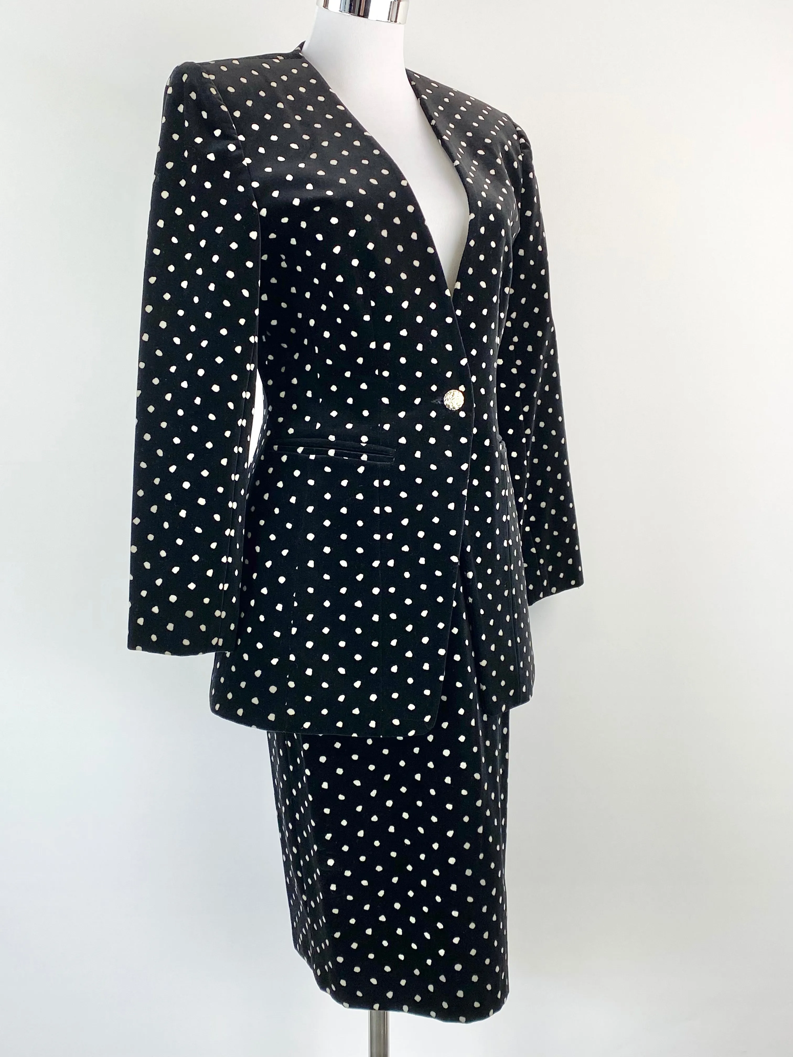 80s West German Black Velvet Polka Dot Suit - AU10
