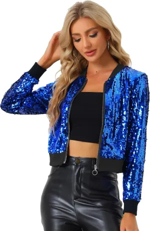Allegra K Women Halloween Sequin Jackets 2025 Fall Glitter Shiny Party Sparkly Bomber Jacket