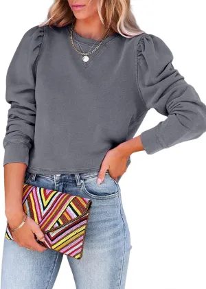 Dokotoo Womens Casual Cropped Sweatshirts Puff Sleeve Crop Pullover Crewneck Cute Tops