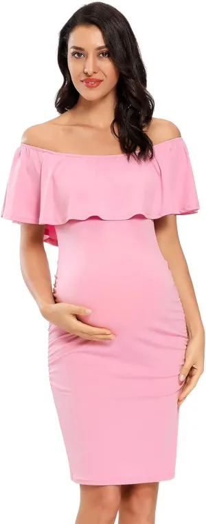 Jezero Women's Maternity Dress Off Shoulder Ruffle Sleeveless Bodycon Dress for Baby Shower