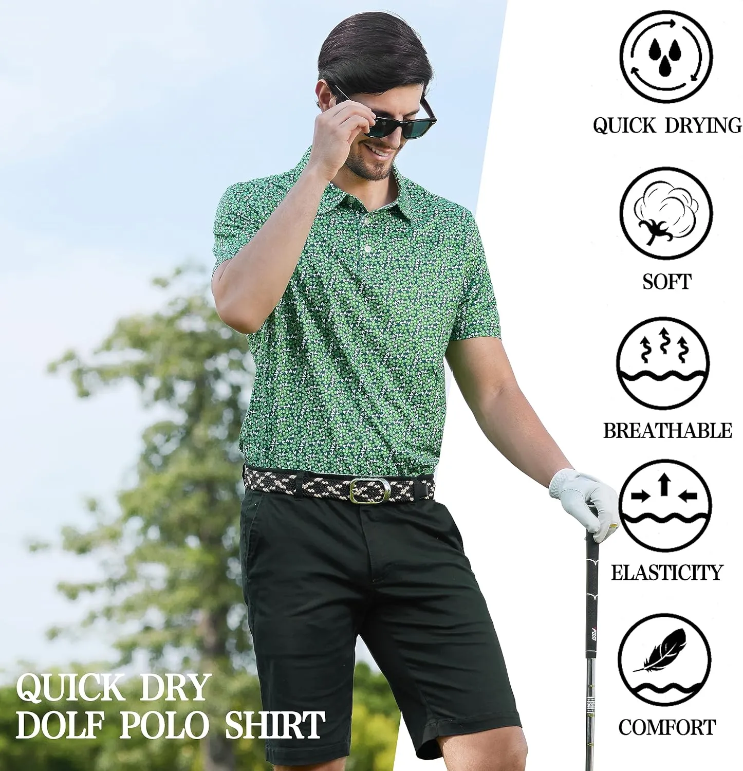 Mens Golf Shirt Moisture Wicking Dry Fit Print Performance Short Sleeve Polo Shirts for Men