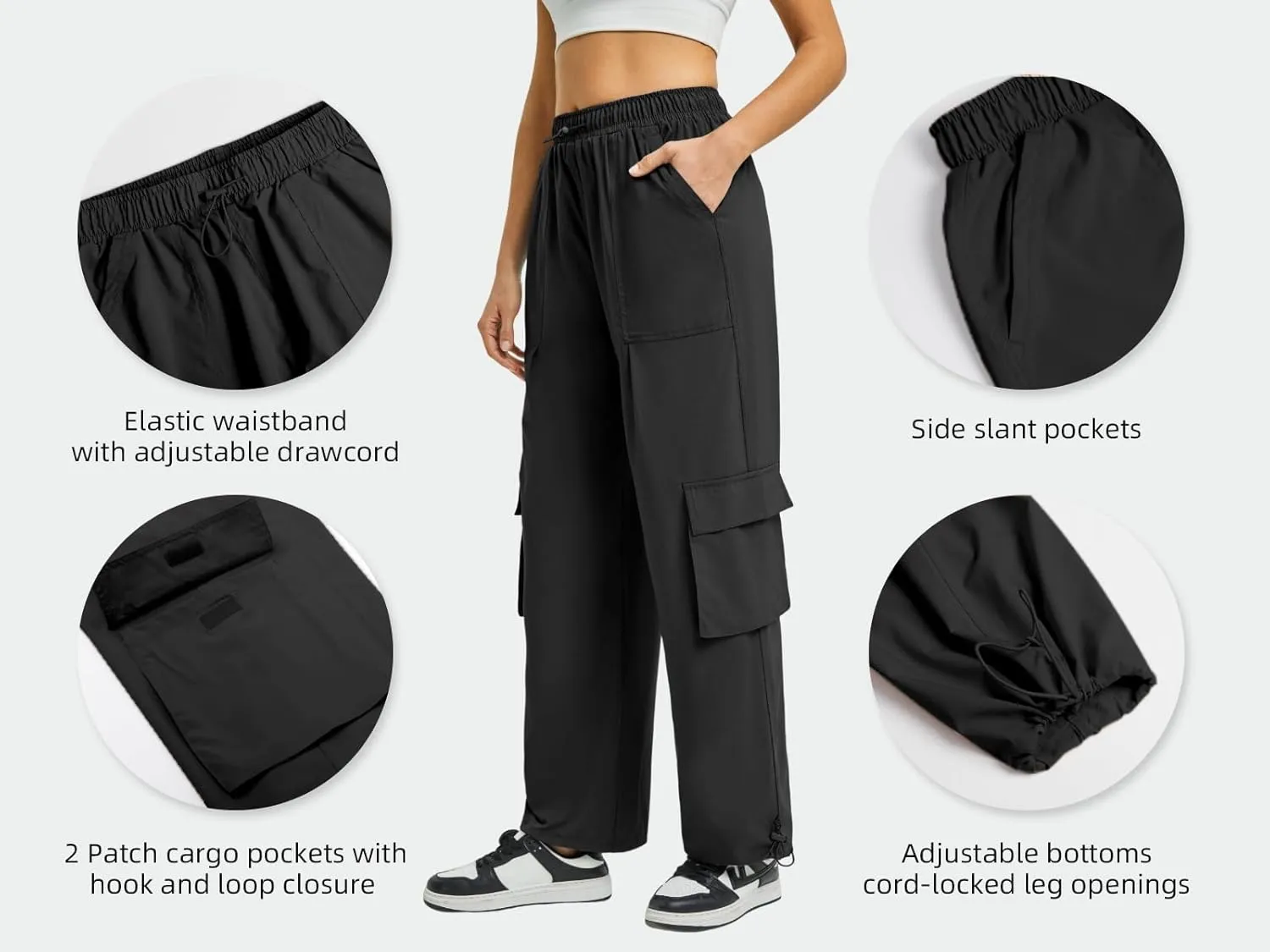 Women's Cargo Pants Water Resistant Lightweight Drawstring Hiking Joggers Base Jump Parachute Pants